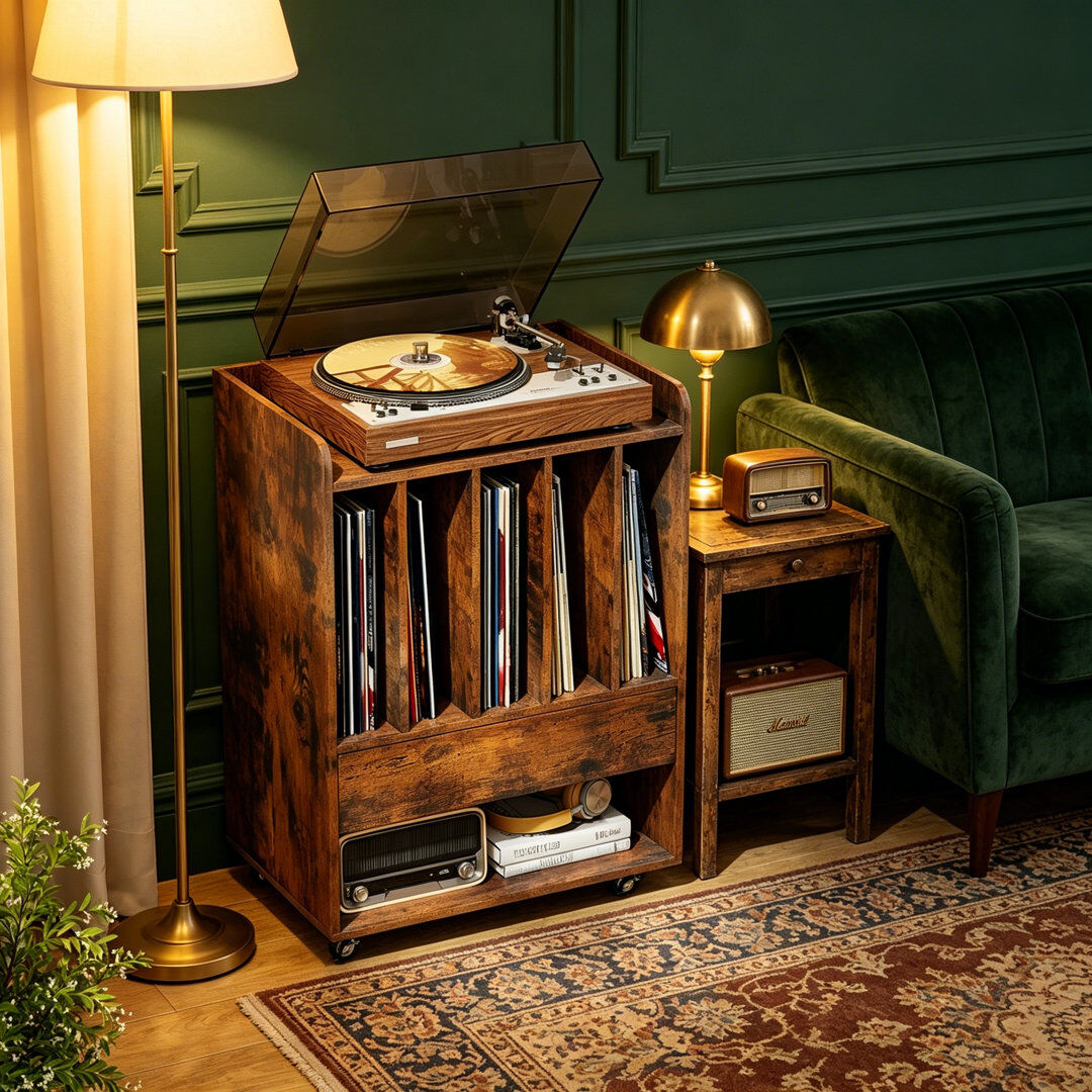 Rebrilliant Rolling Record Player Table on Wheels Brown 73cm H X 52cm W X 35.5cm D
