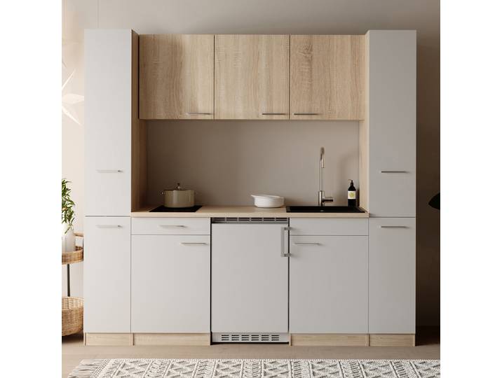 Küchenzeile Ingrid 210 cm 210 x 200 x 60cm Weiß/Weiß mit Kühlschrank
