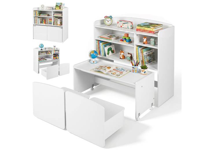 3 in 1 Kinderrekje Speelgoedrek met Bureau op Wielen & Kinderstoel met Rugleuning Kindertafel met 2 Stoelen