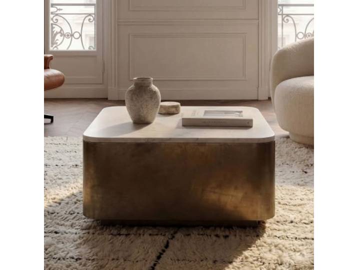 möbelando freiraum Couchtisch 60 x 60 cm, Marmor Naturstein Weiß & Metall Gold, quadratischer Wohnzimmertisch, handgefertigt, montiert