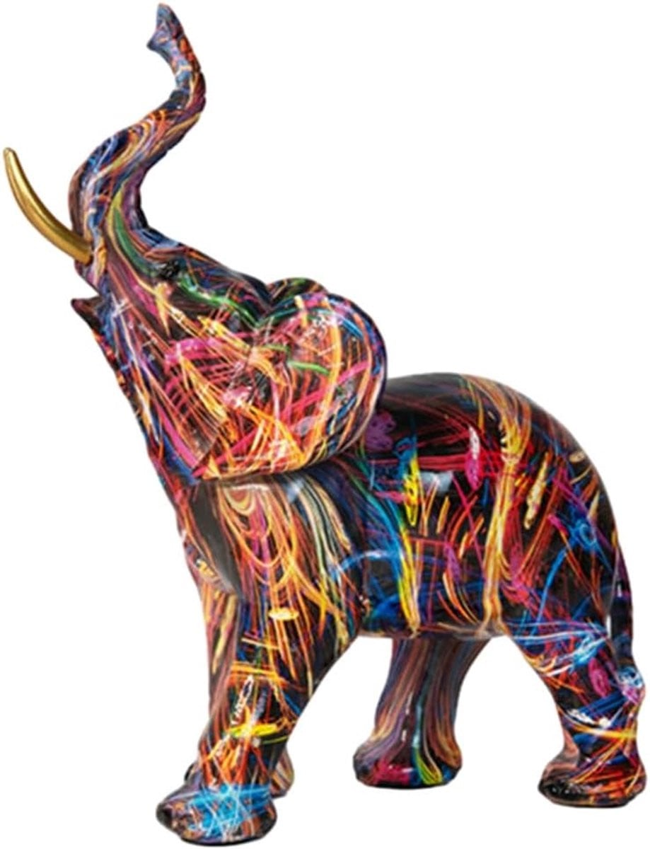 Olifant Beeldje met Creatief Graffiti Patroon - Multicolor Decoratie Figuur - Hoogte: 19 cm