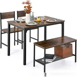 COSTWAY 4‐teiliges Esstisch‐Set, Esstisch mit 2 Stühlen & 1 Bank, Metallrahmen & Aufbewahrungsregal, für Küche Esszimmer, Braun