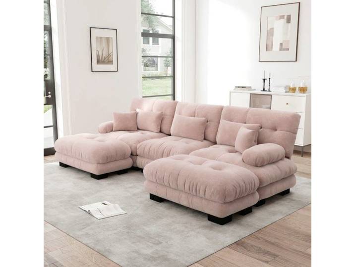 Canapé d'angle modulable - LANGTU - Modèle Nuage U - 3 places - Convertible - Chenille rose