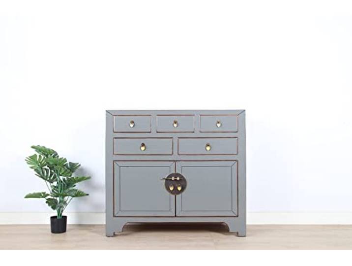Yajutang Chinesische Kommode Sideboard 2 Türen 5 Schub RAL7005