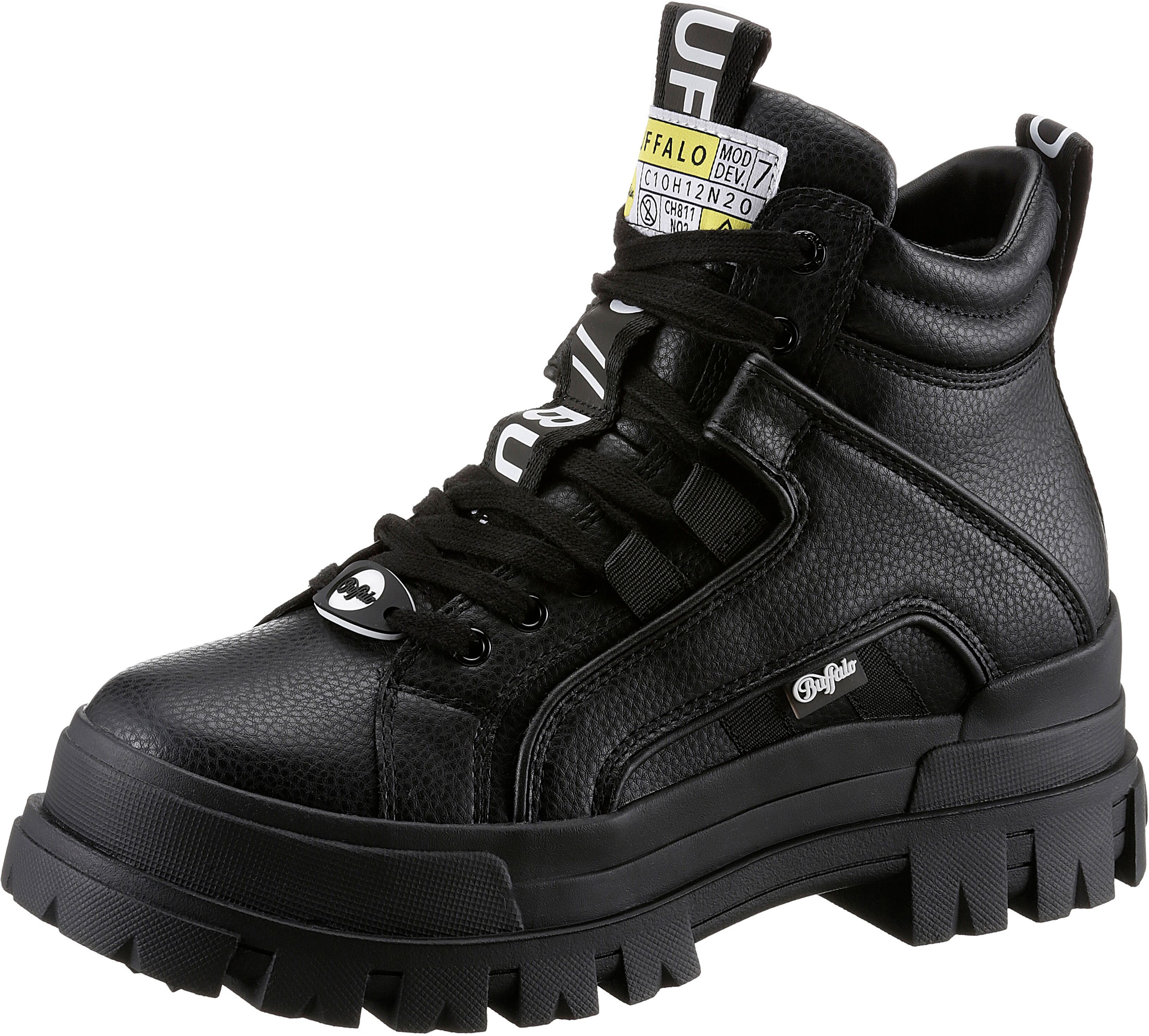 Schnürboots BUFFALO "ASPHA NC MID", Damen, Gr. 39, Textil, schwarz, Lederimitat, Schuhe Schnürboots, Schnürstiefelette, High Top Sneaker mit weicher Schaftrandpolsterung schwarz 39, Textil