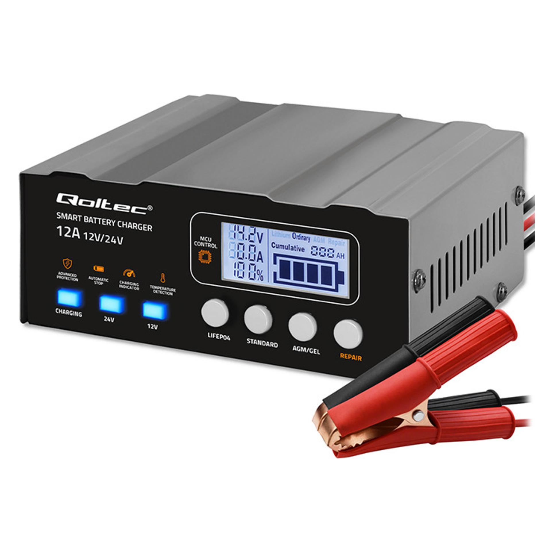 Qoltec Mikroprozessor-Ladegerät 12V 12.6V 24V LCD (12 A, 12V, 24V) (52491)
