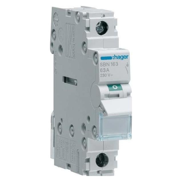 Hager SBN163. Nennstrom: 63 A. Internationale Schutzart (IP-Code): IP20. Breite: 17,5 mm, Höhe: 83 mm (SBN163)