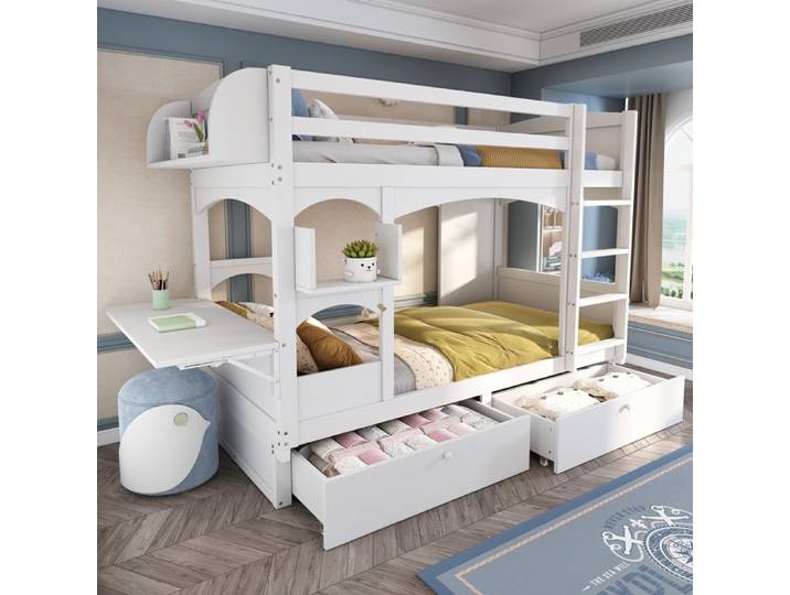 Lit Superposé Enfant - MERAX - 90x200 cm - Bois Massif - Bureau Pliant - 2 Tiroirs - Blanc