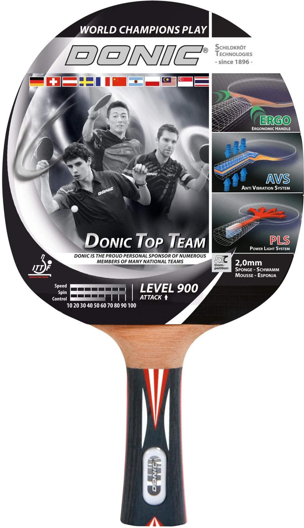 Tischtennisschläger DONIC-SCHILDKRÖT "Top Team 900", schwarz (schwarz, rot), Tischtennisschläger, Tischtennisschläger schwarz, rot Einheitsgröße