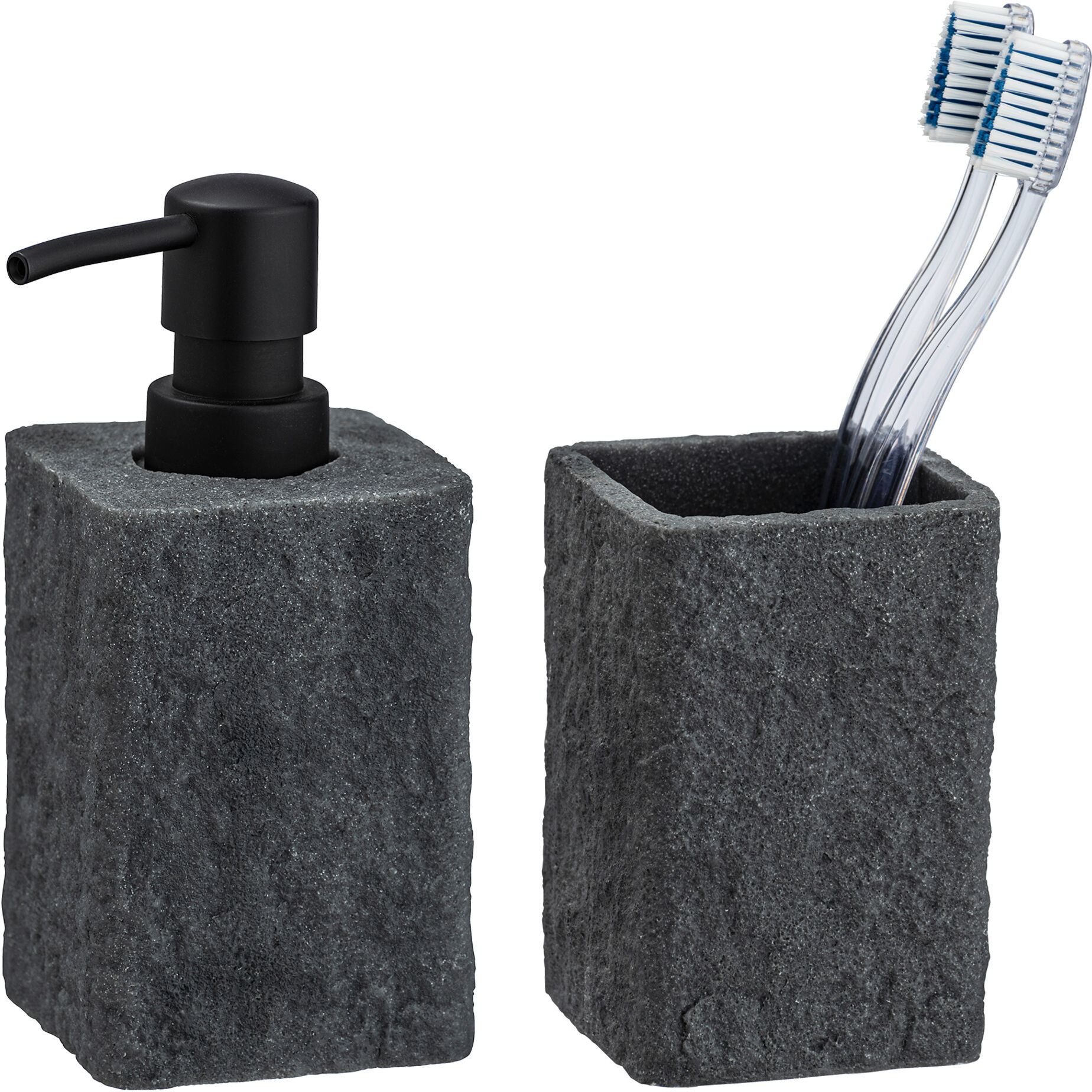 WENKO Seifenspender und Zahnputzbecher Villata, Grau, 2-teiliges Set