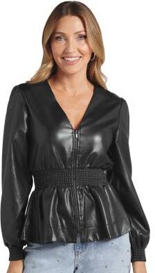 Masseys Cinch Waist Faux Leather Top (Women's) Casual in Black, Size 1X, Synthetic/Viscose
