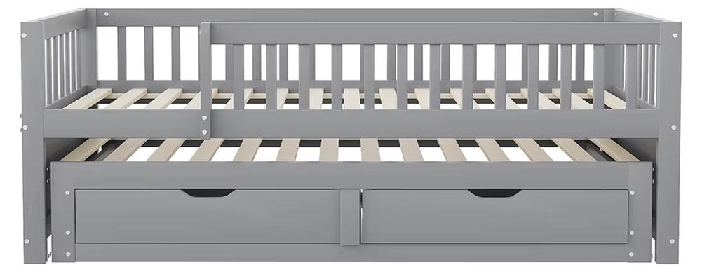 Schlafsofa aus Massivholz - Einzelbett 90 x 200 cm - Zweisitzer - Ausziehbar - Durchgehendes Sicherheitsgitter - 2 Schubladen - Grau