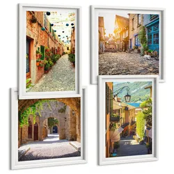 BILDER SET 4er Set - 50x50 cm & 40x60 cm Weißer Rahmen - Charmante Straßen mit Steinen