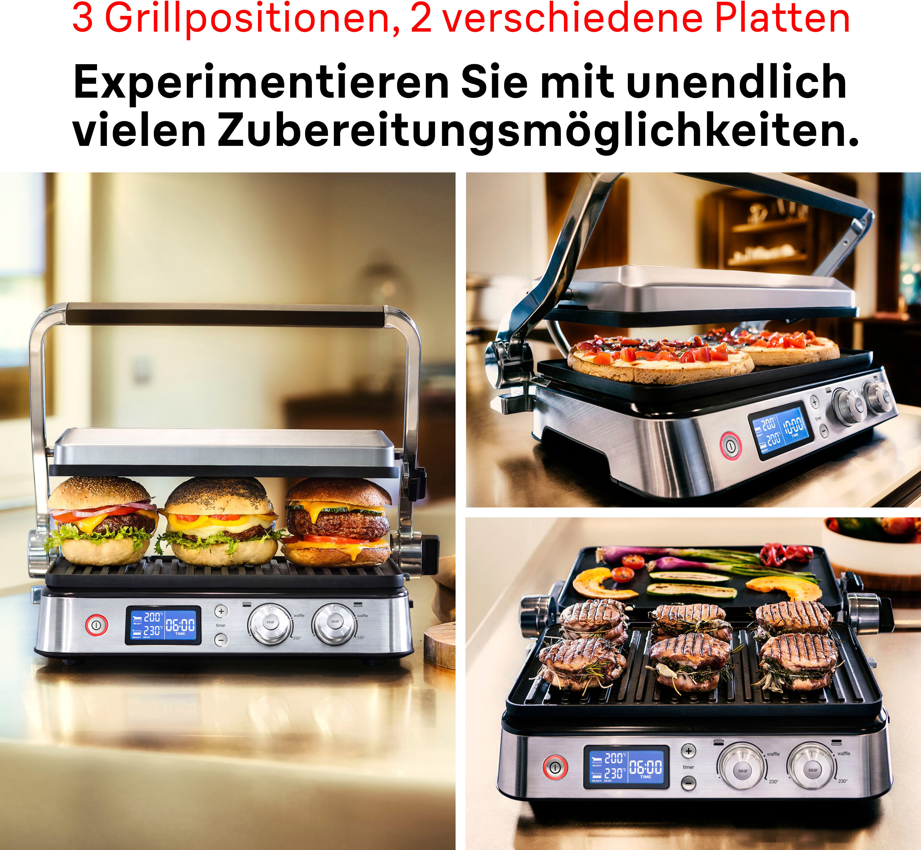 Kontaktgrill BRAUN "MultiGrill 9 CG 9043 - 3 Kochpositionen, bis 250C, 16 Burger Patties", schwarz (premium schwarz, edelstahl), B:36,5cm H:19cm T:46cm, Kontaktgrill_Standgrill_Tischgrill_Teppanyakigrill, Spülmaschinenfeste Platten + individuell temperier