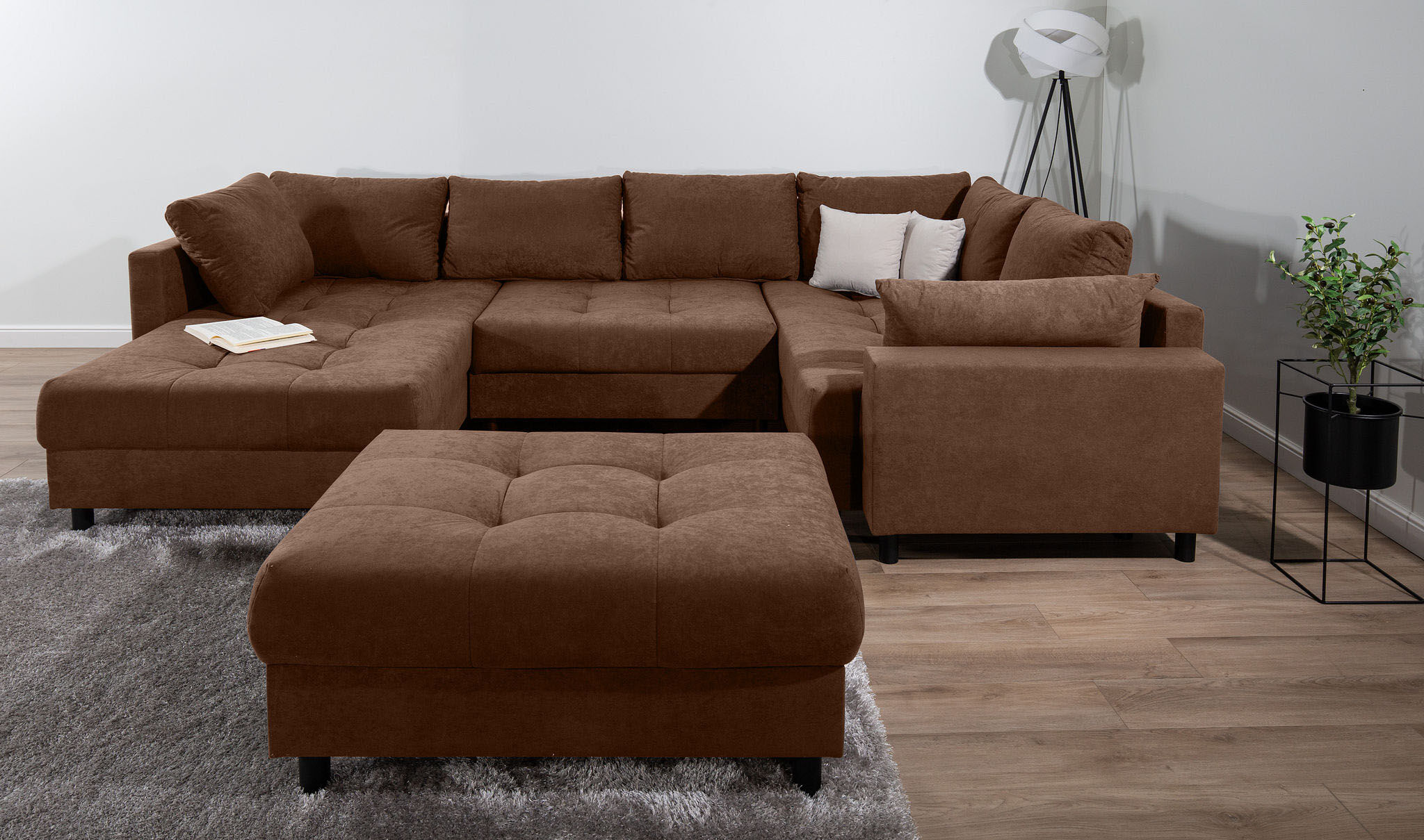 Wohnlandschaft COLLECTION AB "Toni U-Form, B: 298 cm", kaffeebraun, B:298cm H:44cm T:203cm, 100%Polyester, Sofas, Wohnlandschaft, Set: Sofa & Hocker, 2 Zierkissen, Federkern kaffeebraun B/H/T: 298cm x 44cm x 203cm, Microfaser PRIMABELLE®
