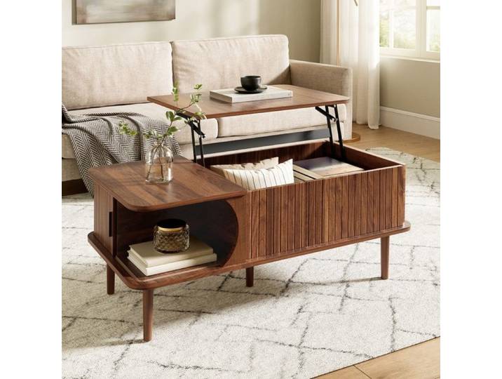 Table Basse Relevable Modern Retro - 100x48x55.5cm - Porte Coulissante et Rainures Verticales - Noyer