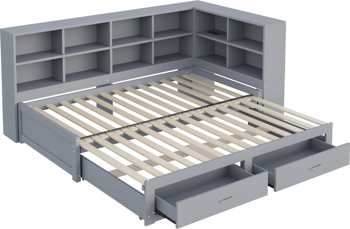 Massivholzsofa(Grau)Mit Ausziehbarem Bett,Mit Staufach,multifunktionale Euro-Steckdose, Schubladen, Lattenrost, Multifunktionales Einzelholzbett