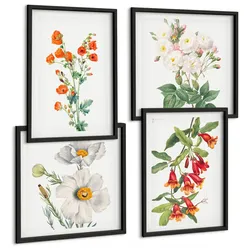 BILDER SET 4er Set - 50x50 cm & 40x60 cm Schwarzer Rahmen - Retro-Blumenmalerei