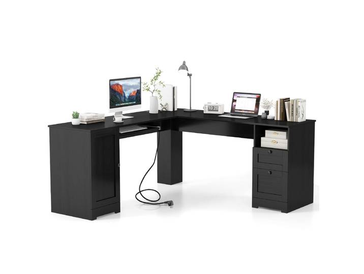 168cm L-Vormig Computerbureau met Stopcontacten Modern Bureau met 2 Opberglades Kast Verstelbare Plank en Toetsenbordlade