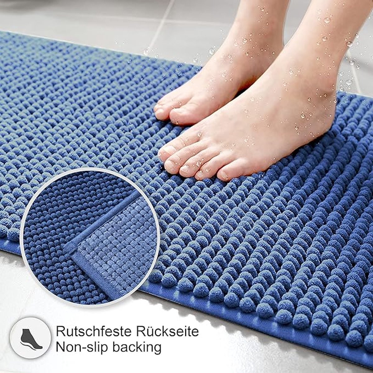 Blauwe antislip badmat van chenille, wasbaar, 45 x 45 cm