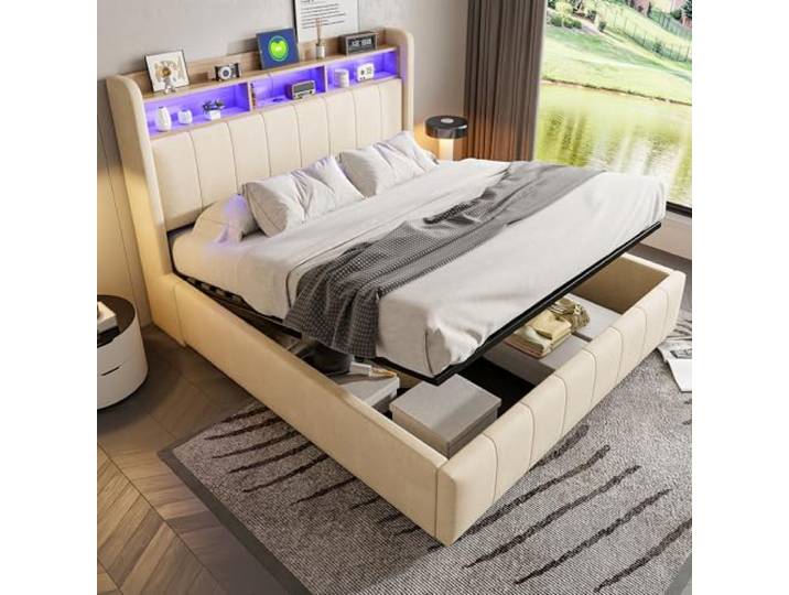Ball & Cast Polsterbett (160x200cm) mit hydraulischem Stauraum, Doppelbett mit Beleuchtung und USB-Ladefunktion, Leinenstoff, Einfach & Zeitsparend Montierbar, Beige