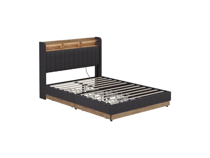 VitaliSpa Polsterbett Nura Anthrazit 140x200 mit 4 Schubladen, Anthrazit, Eichefarben, Holzwerkstoff, Rechteckig, Schlafzimmer, Bett