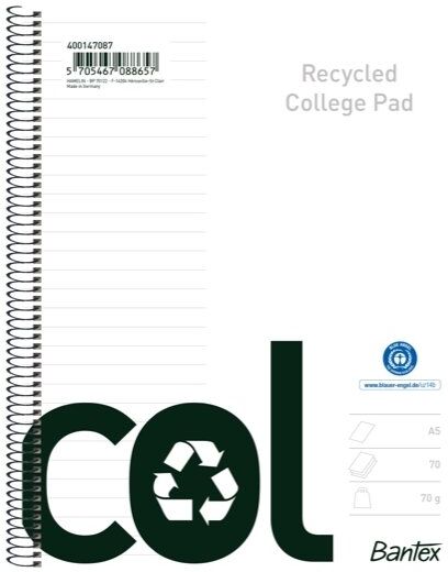 Bantex Recycled Col Kollegieblok   A5+   Linjeret