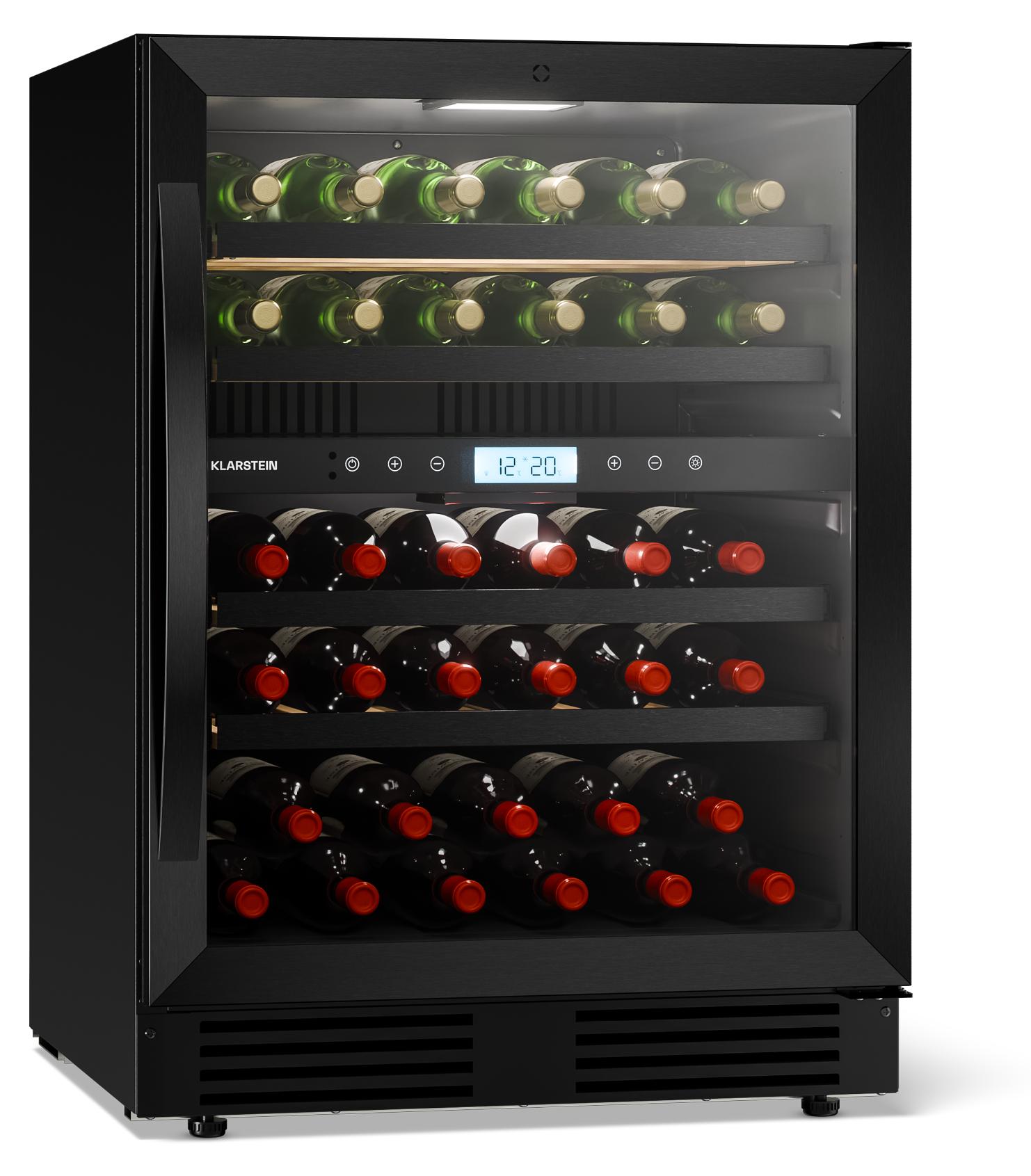 Klarstein VeroSteel Unterbau-Weinkühlschrank - Zweizonen-Weinkühlschrank für 43 Flaschen, UV-Glastür, Touch-Bedienfeld, ausziehbare, leicht zugängliche Holzregale