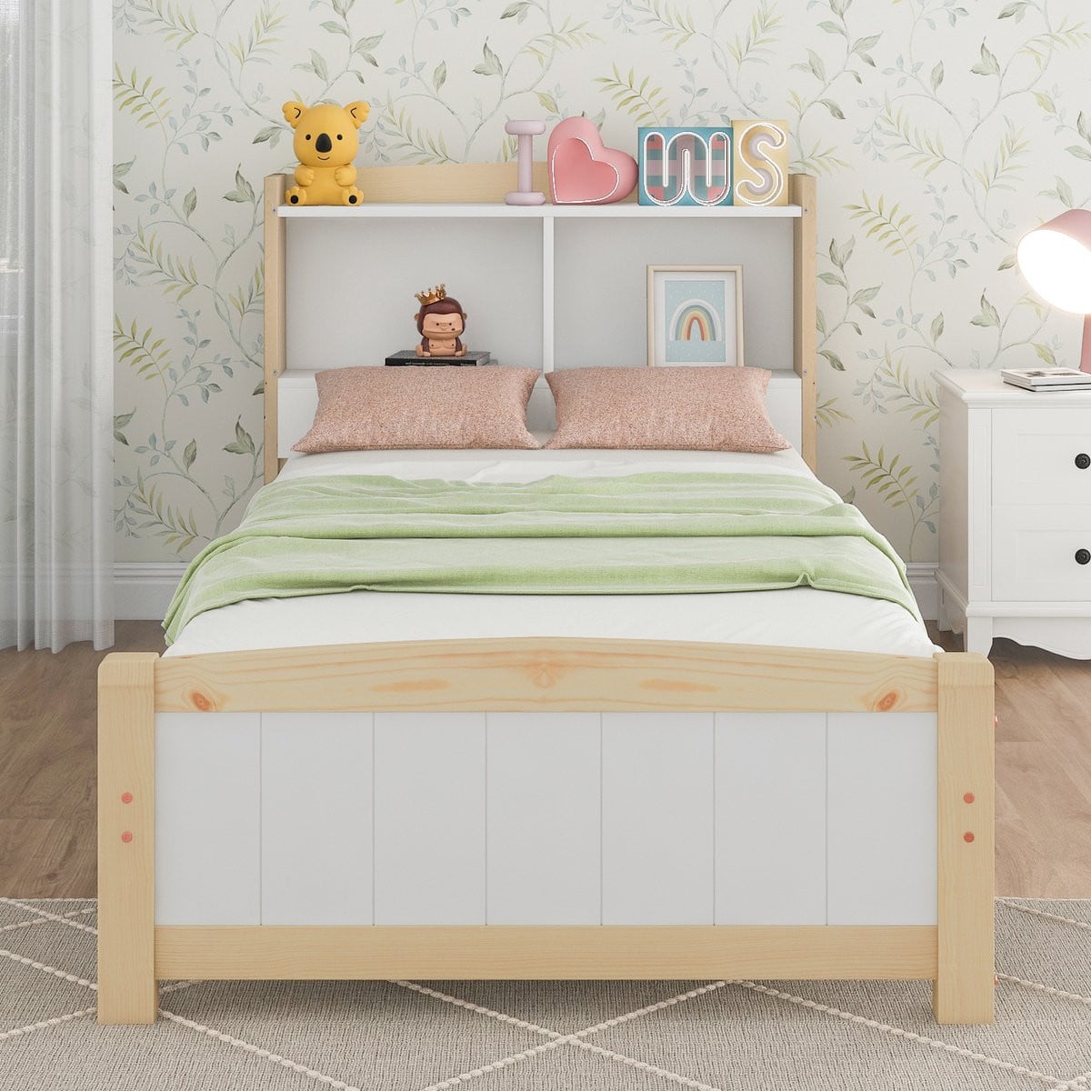 Massief houten eenpersoonsbed met opberg hoofdeinde in natuur en wit, 90x200 cm