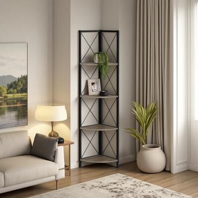 ZWYO HOSIMU 59.25in Laminate+Metal 4-Tier Corner Etagere Bookshelf with Fan-Shaped Shelves, Display Rack with X-Design Frame & Space-Saving