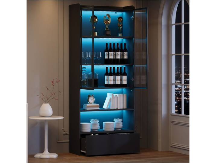 Vitrine En MDF Et Verre Noir Buffet Haut Moderne FloraGrace Pour Salon Avec LED Et 1 Tiroir 80x34x180cm