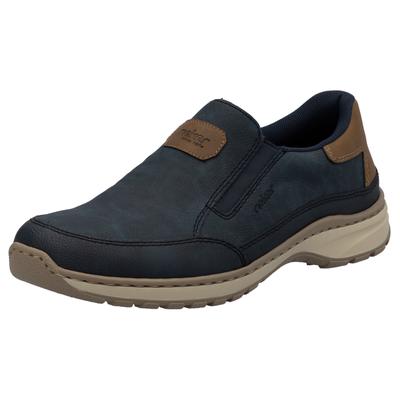 Slipper RIEKER, Herren, Gr. 45, bunt (nachtblau, braun), Lederimitat, Basic, Schuhe Slipper, Slip-on-Sneaker, Freizeitschuh, Halbschuh mit Gummizug