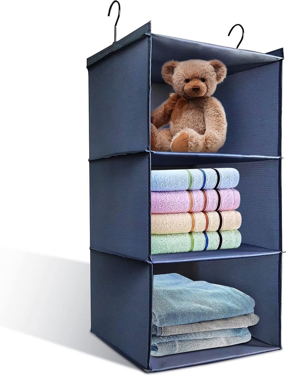 Zwarte opvouwbare hangorganizer met 3 wasbare tassen voor kleding en schoenen
