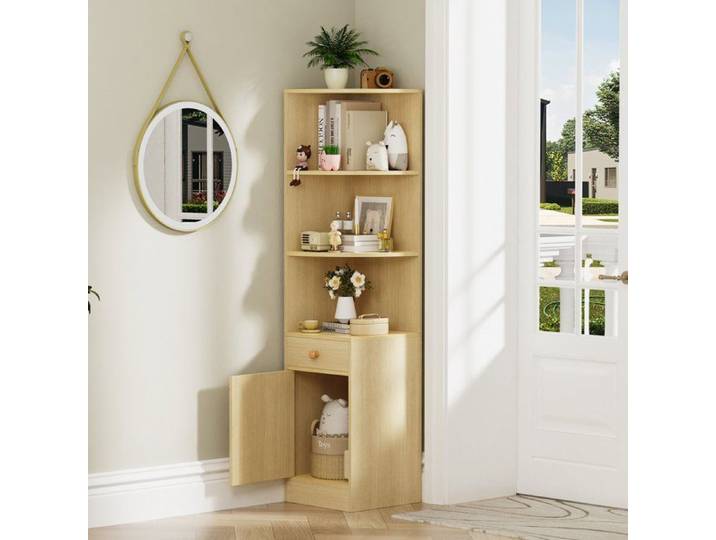 Bibliothèque d'angle avec 3 niches ouvertes 1 Tiroir et 1 Casier Etagère sur pieds à 5 niveaux pour Salon chambre 38x38x161cm