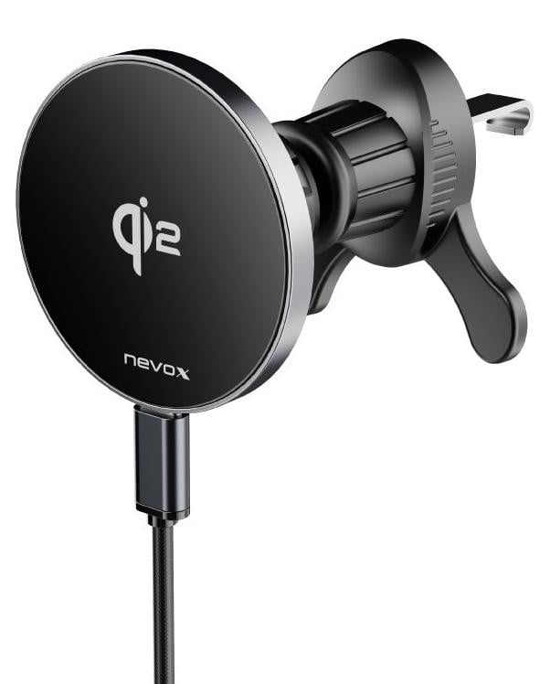 Nevox Draadloze QI2 Auto-oplader, 15 Watt, zwart-zilver