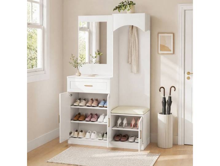 Meuble d'entrée compact avec miroir banc range-chaussures étagères réglables et tiroirs blanc - UVRION