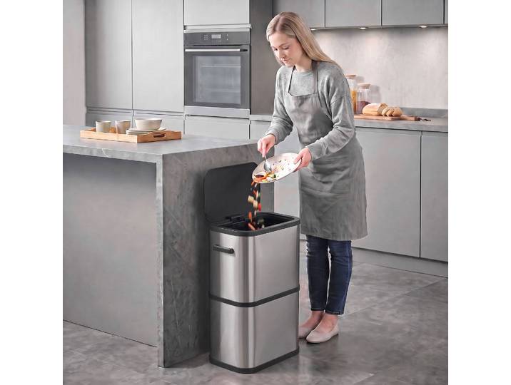 HOMCOM Poubelle Cuisine 60L Acier Inox Couvercle Doux Argent
