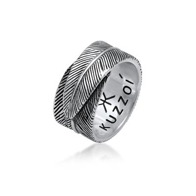 Silberring KUZZOI "Ring Herren Feder Vintage Trend Massiv 925 Silber" Gr. 62, schwarz, Fingerringe, Herren, 62, Silber 925 (Sterlingsilber), Silberring
