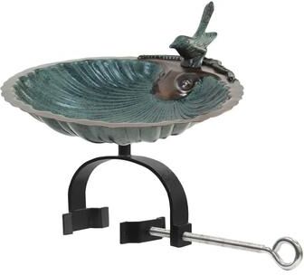 "Achla Designs 14.25""L Round Antique Brass Plated Aluminum Scallop Shell Birdbath w/ Wrought Iron Over Rail Bracket"