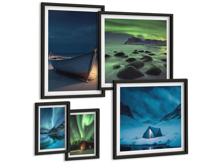 BILDER SET 5er Set - 50x50 cm & 20x30 cm & 40x60 cm Schwarzer Rahmen - Winterlandschaften, Nordlichter, Berge