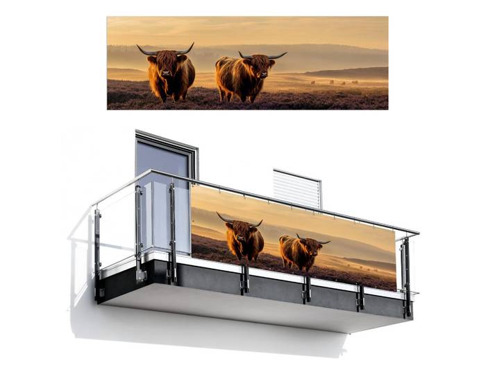 MuchoWow Balkon-Sichtschutz Schottische Hochlandbewohner - Heide - Landschaft - Tiere, Cognac, Kunststoff, Rechteckig, 300x100 cm, Sonnenschutz, Sichtschutz