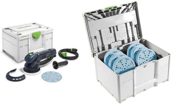 Festool Set Getriebe-Exzenterschleifer RO 150 FEQ-Plus ROTEX + Schleifmittel-Systainer³ SYS-STF D150 GR-Set Granat