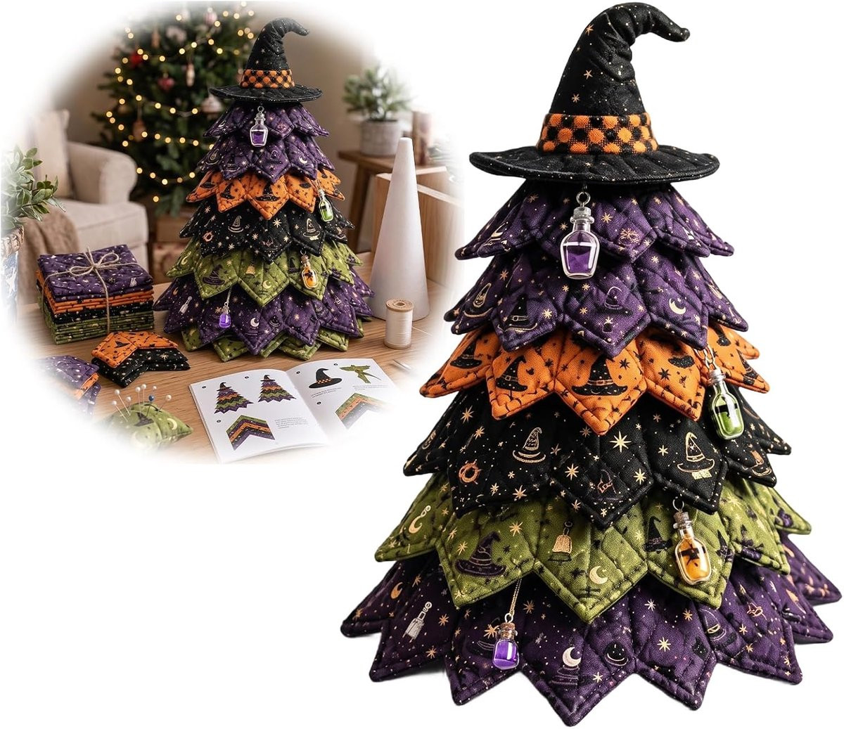 DIY Halloween gequilte stoffen kerstboomset - Hoed & Toverdrank - 3D handgemaakt naaiproject - B/D/H: 17 x 11 x 9 cm