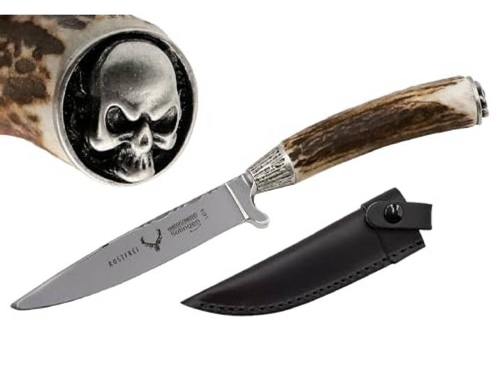 Messer Jagdmesser Skull Totenkopf echt versilbert Hirschhorn Trachtenmesser Jagd Hirschfänger Wild Bock Jagdnicker für Lederhose Biker Jäger Jagd Stahl-Klinge Hirsch, Farbe:Skull Rand glatt