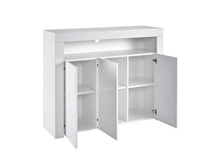 MMT Furniture Designs Sideboard, Weiß, 3 Türen mit Lichtern, Holzwerkstoff, glänzende Vorderseite, 116 x 35 x 93 cm