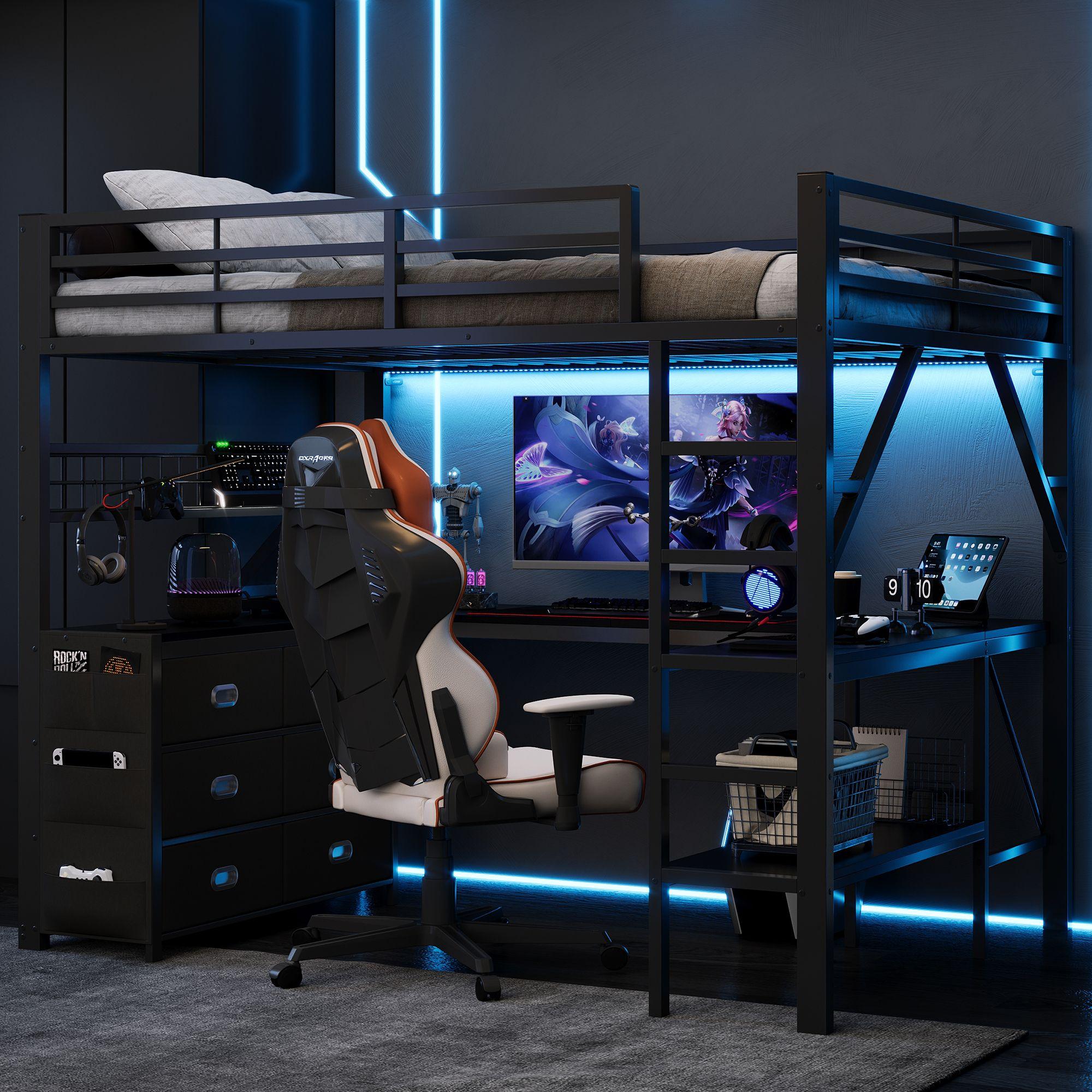 Merax Etagenbett Metall Hochbett 140x200 cm, mit Schreibtisch, Schubladen, Regal & LED Beleuchtung, Gaming Bett Kinderbett mit Treppe, Schwarz