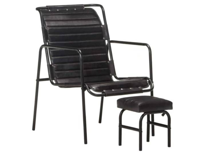 HEFZGDB Relaxsessel mit Fußhocker Schwarz Echtleder Vintage-Stil Sofastuhl Langlebig Pulverbeschichtetes Eisen Geschmeidiges Leder Entspannung Wohnzimmer Sessel