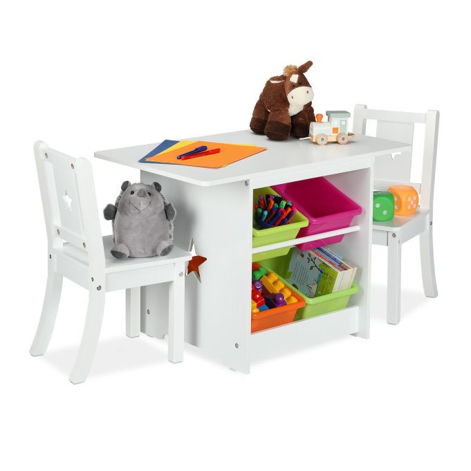 Relaxdays Kindermeubelset met kindertafel en 2 stoeltjes, wit en meerkleurig