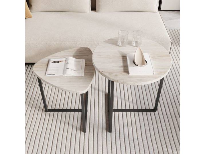 Tables basses - Ensemble de 2 tables rondes - Design industriel - Chêne blanc américain - Métal noir mat