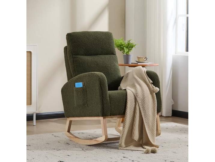 ROVRYN Fauteuil à bascule d'allaitement dossier haut tissu teddy vert avec poche latérale